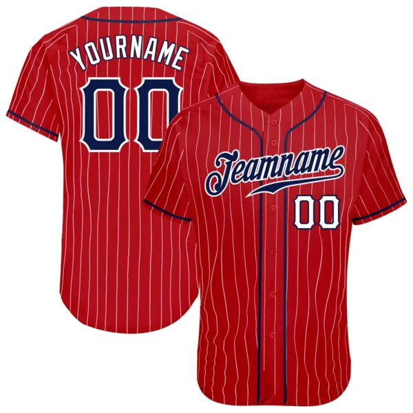 Custom Red Pinstripe Baseball Jersey with Navy-White