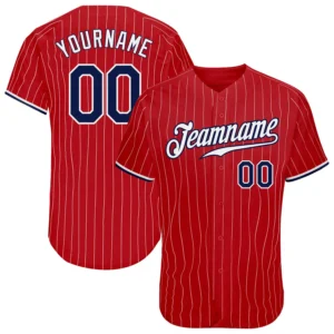 Custom Red Pinstripe Baseball Jersey with Navy-White