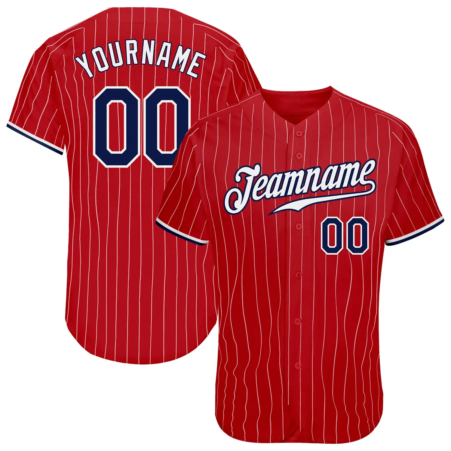 Custom Red Pinstripe Baseball Jersey with Navy-White