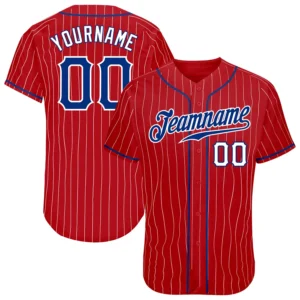 Custom Red Pinstripe Baseball Jersey with Royal-White