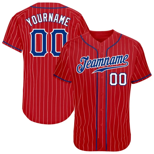 Custom Red Pinstripe Baseball Jersey with Royal-White