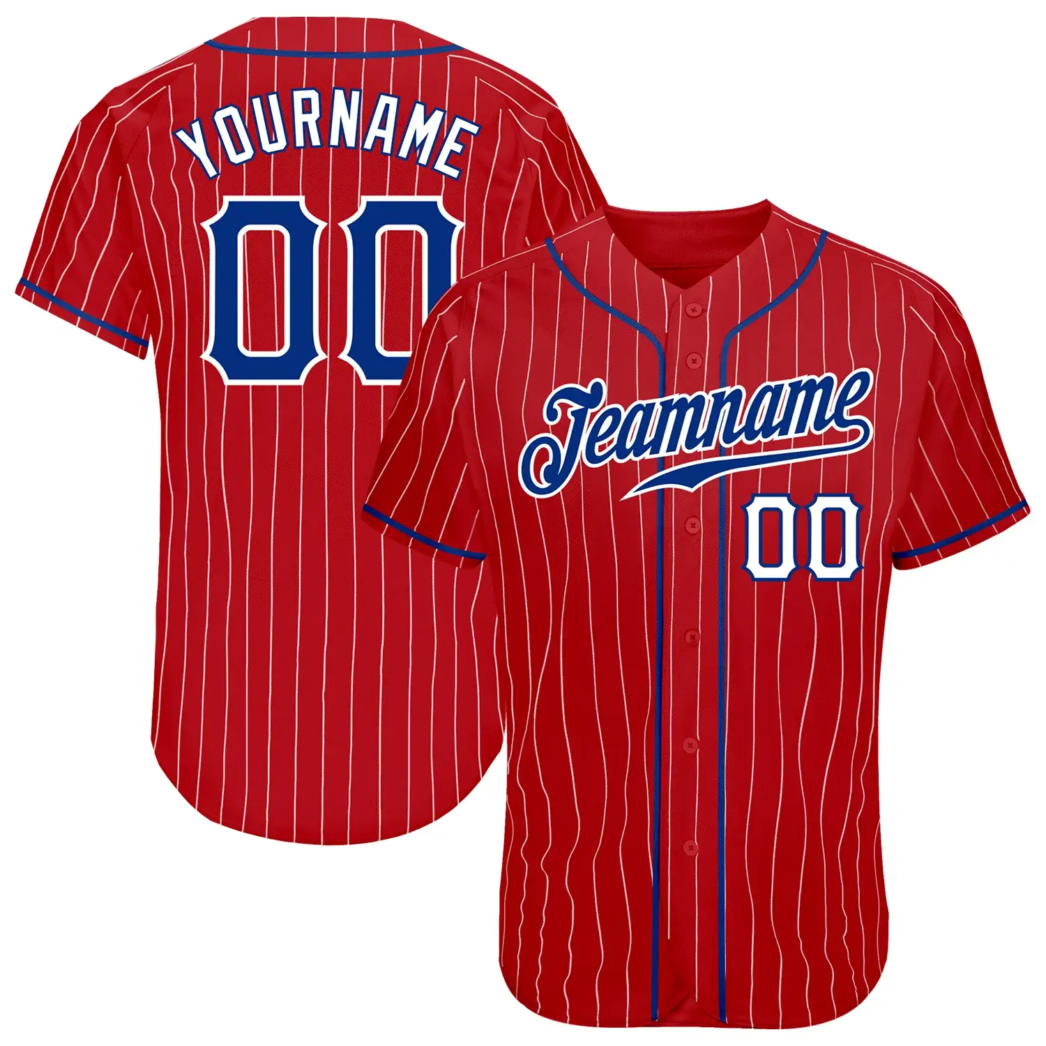 Custom Red Pinstripe Baseball Jersey with Royal-White