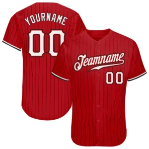 Custom Red Pinstripe Baseball Jersey with White-Black