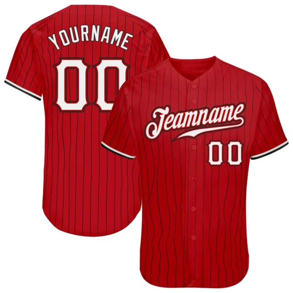 Custom Red Pinstripe Baseball Jersey with White-Black