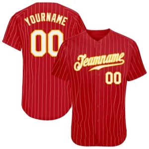 Custom Red Pinstripe Baseball Jersey with White-Gold