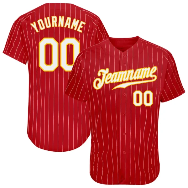 Custom Red Pinstripe Baseball Jersey with White-Gold