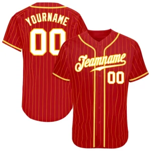 Custom Red Pinstripe Baseball Jersey with White-Gold