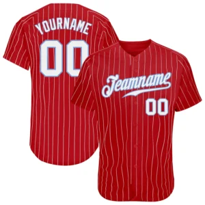 Custom Red Pinstripe Baseball Jersey with White-Light Blue