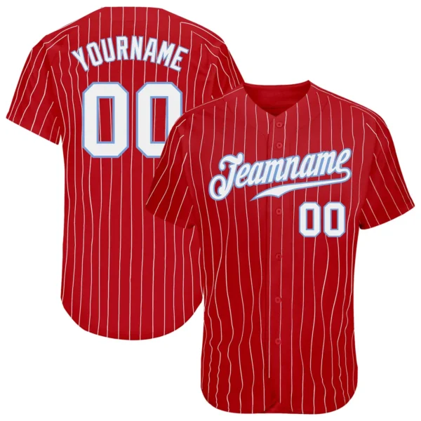 Custom Red Pinstripe Baseball Jersey with White-Light Blue