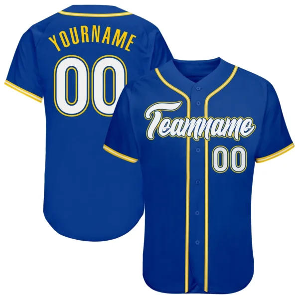 Custom Royal Baseball Jersey with White-Gold