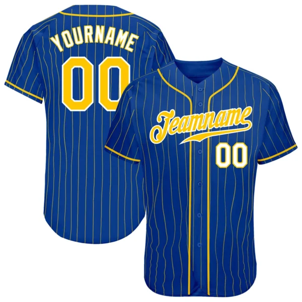 Custom Royal Pinstripe Baseball Jersey with Gold-White