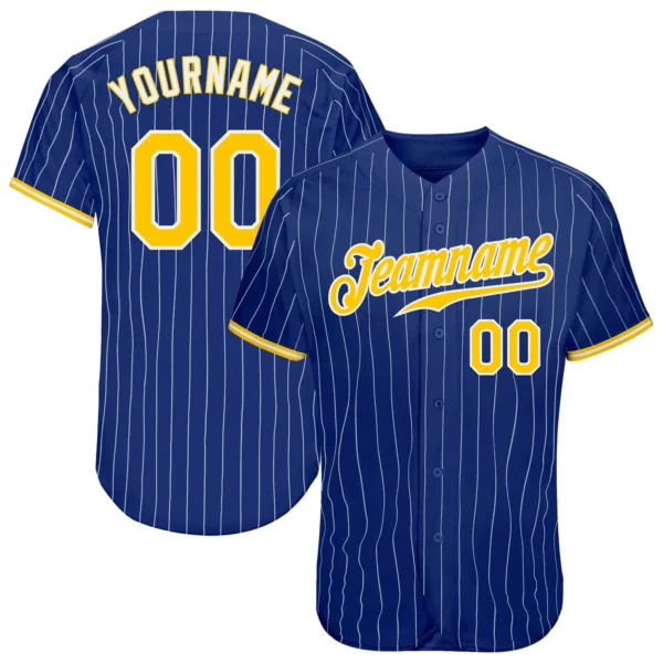 Custom Royal Pinstripe Baseball Jersey with Gold-White