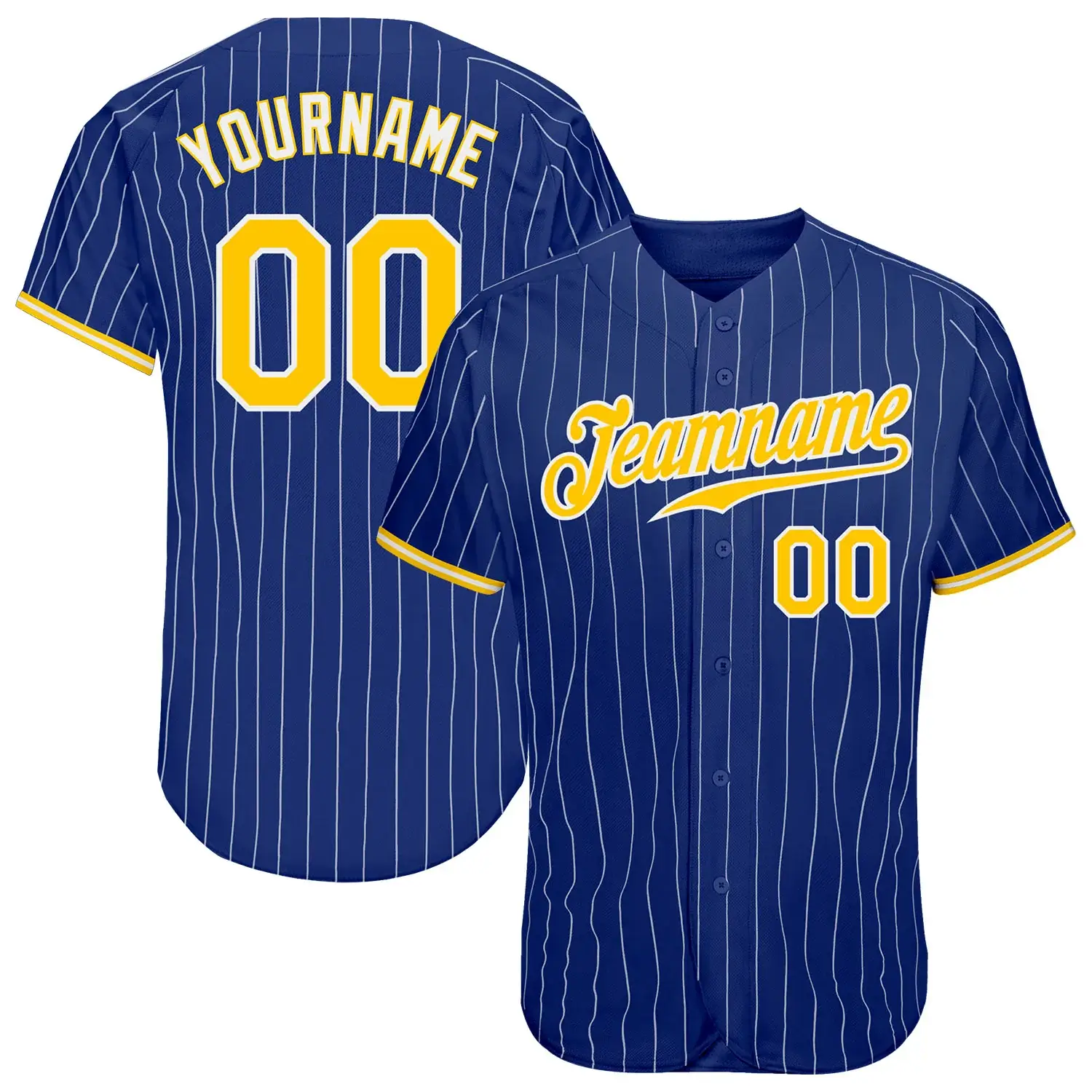 Custom Royal Pinstripe Baseball Jersey with Gold-White