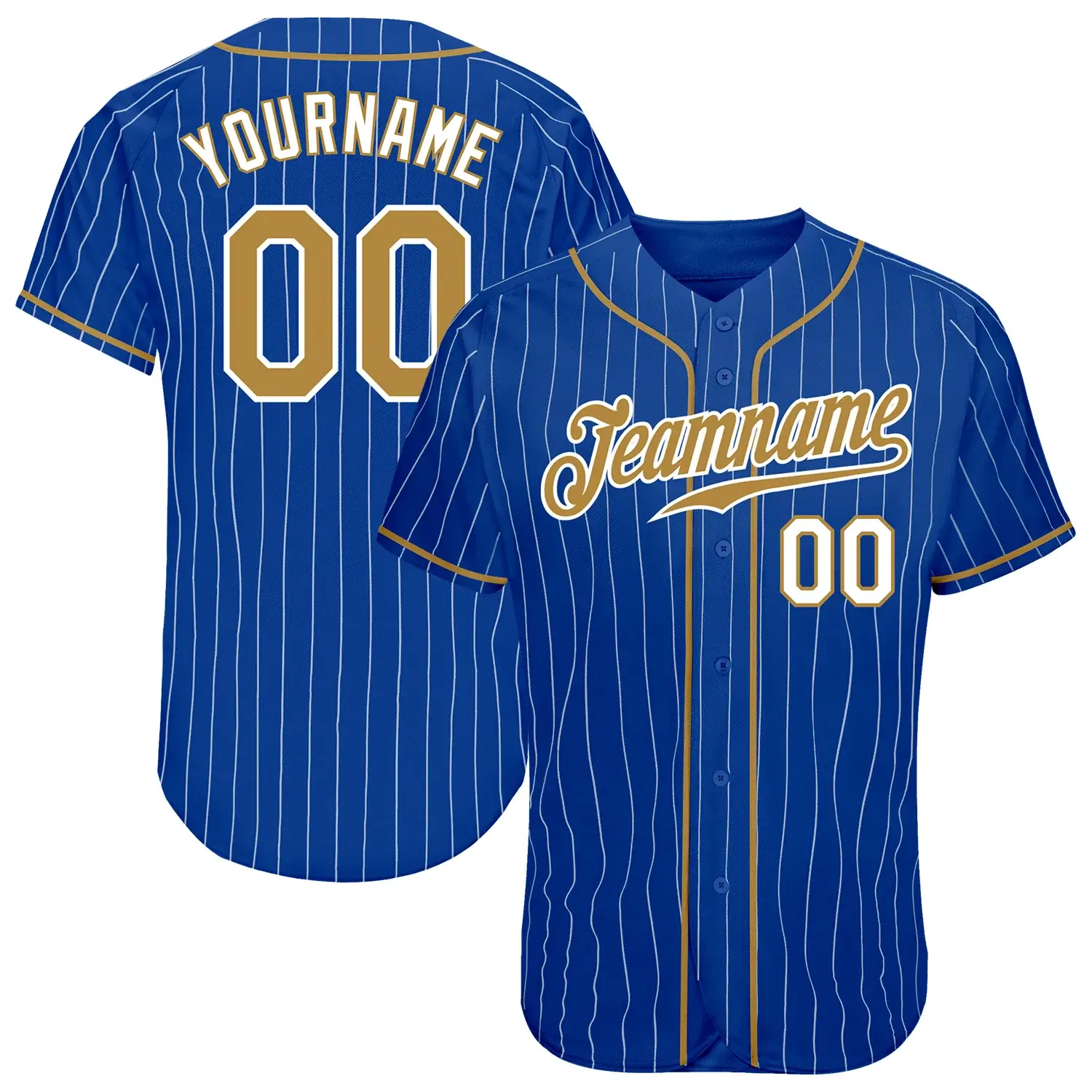Custom Royal Pinstripe Baseball Jersey with Old Gold-White