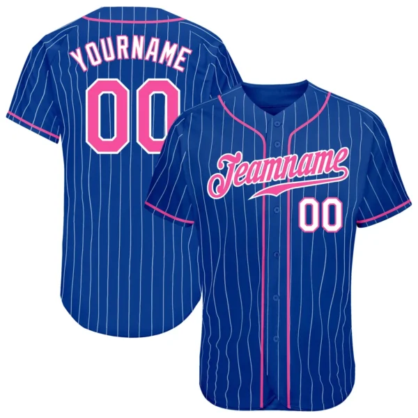 Custom Royal Pinstripe Baseball Jersey with Pink-White