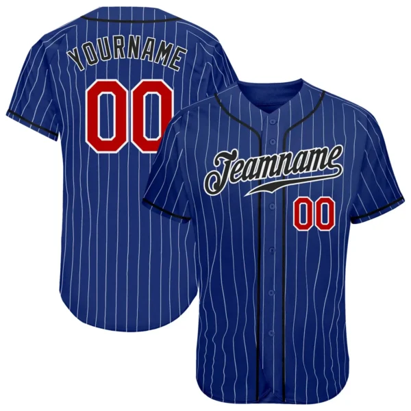 Custom Royal Pinstripe Baseball Jersey with Red-Black