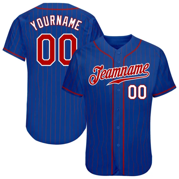 Custom Royal Pinstripe Baseball Jersey with Red-White