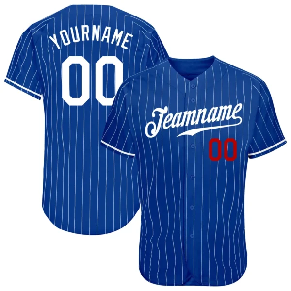 Custom Royal Pinstripe Baseball Jersey with White-Red