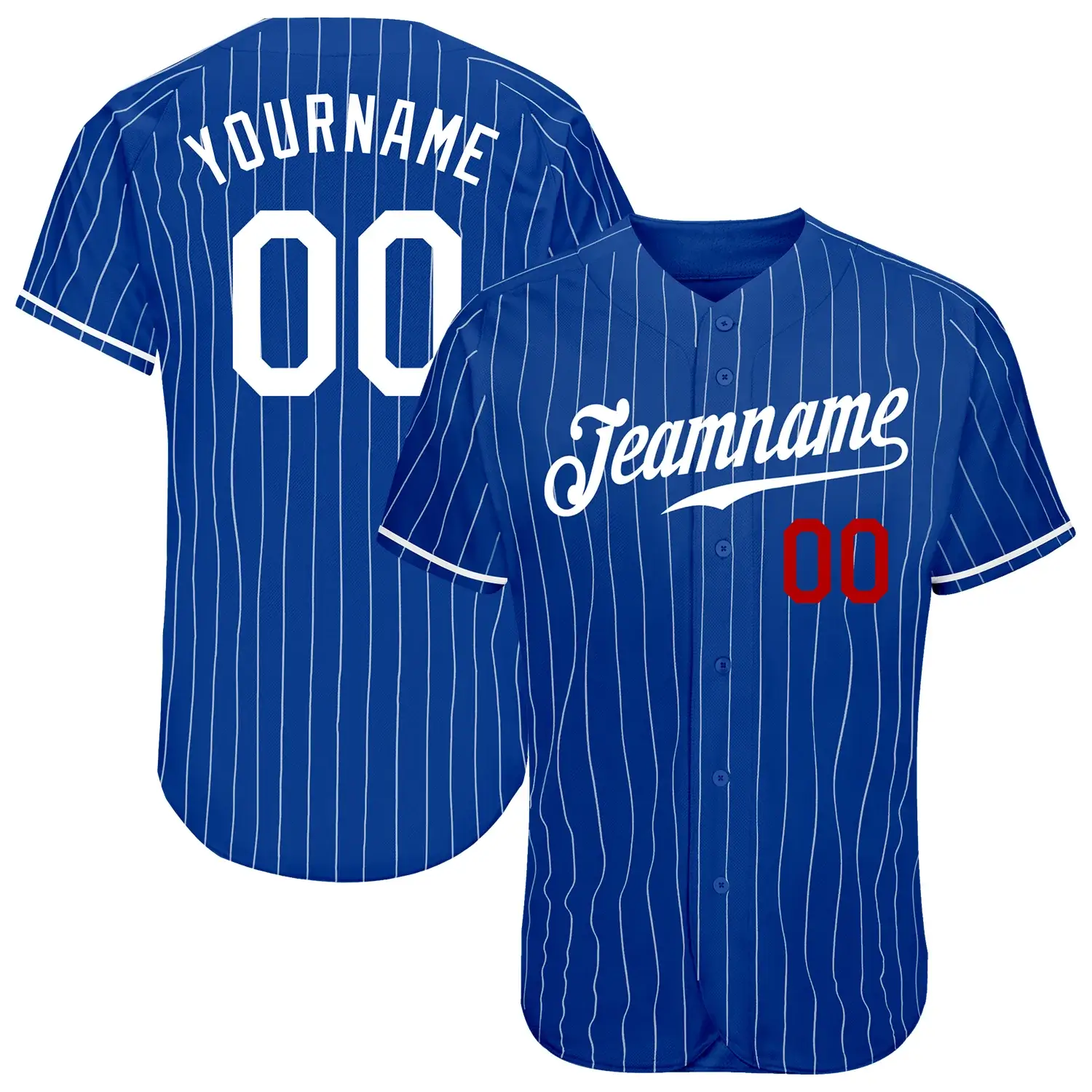 Custom Royal Pinstripe Baseball Jersey with White-Red