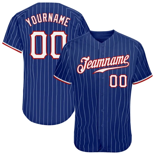 Custom Royal Pinstripe Baseball Jersey with White-Red