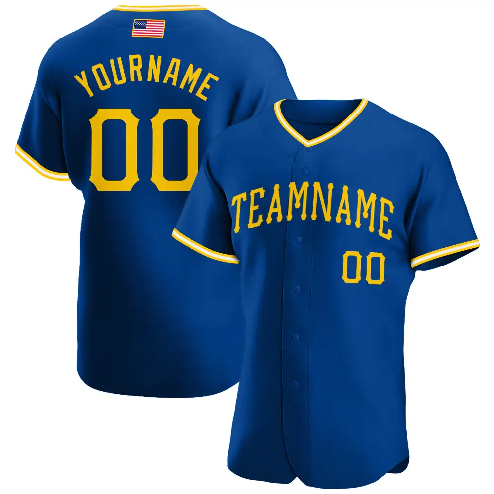 Custom Royal USA Flag Fashion Baseball Jersey with Gold-White