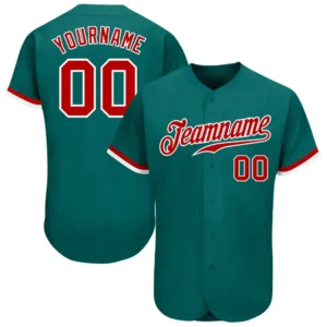 Custom Teal Baseball Jersey with Red-White