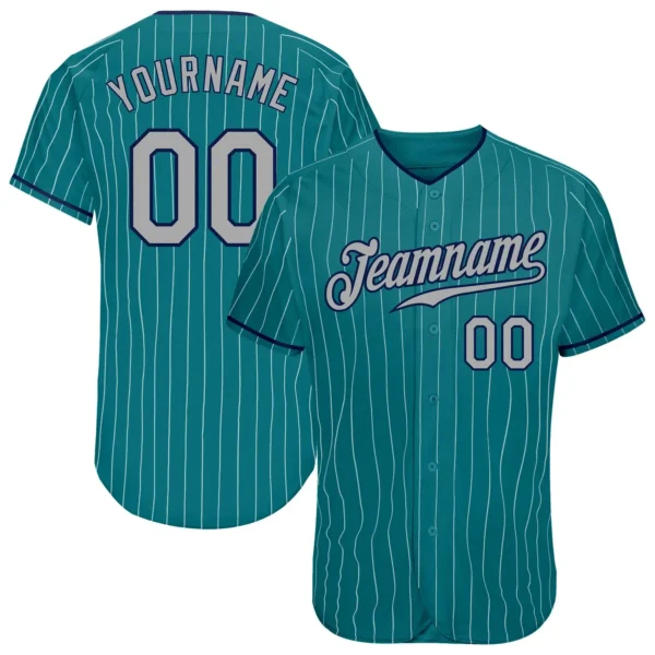 Custom Teal Pinstripe Baseball Jersey with Gray-Navy