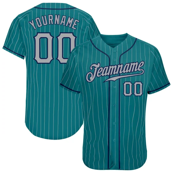 Custom Teal Pinstripe Baseball Jersey with Gray-Navy