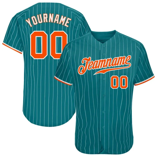 Custom Teal Pinstripe Baseball Jersey with Orange-White