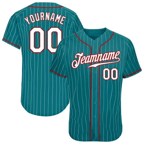 Custom Teal Pinstripe Baseball Jersey with White-Red