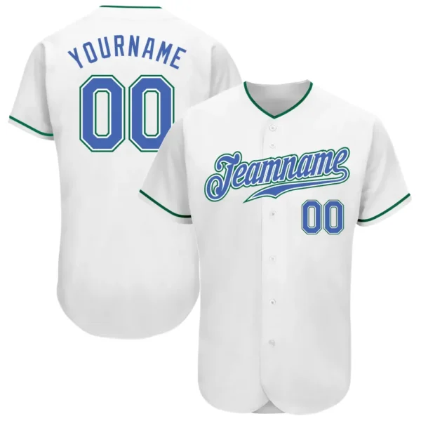 Custom White Baseball Jersey with Blue-Kelly Green
