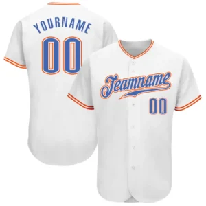Custom White Baseball Jersey with Blue-Orange