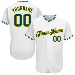 Custom White Baseball Jersey with Green-Gold