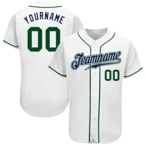 Custom White Baseball Jersey with Green-Navy