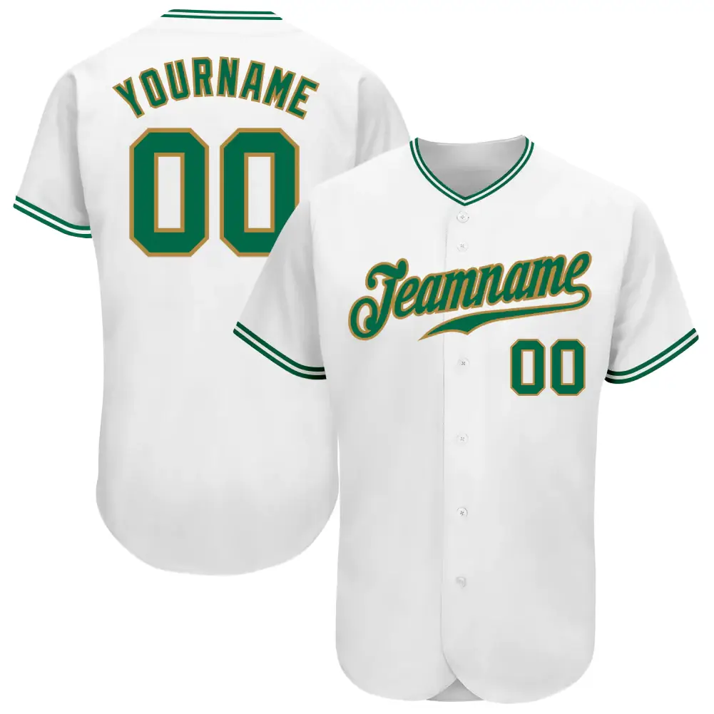 Custom White Baseball Jersey with Kelly Green-Old Gold