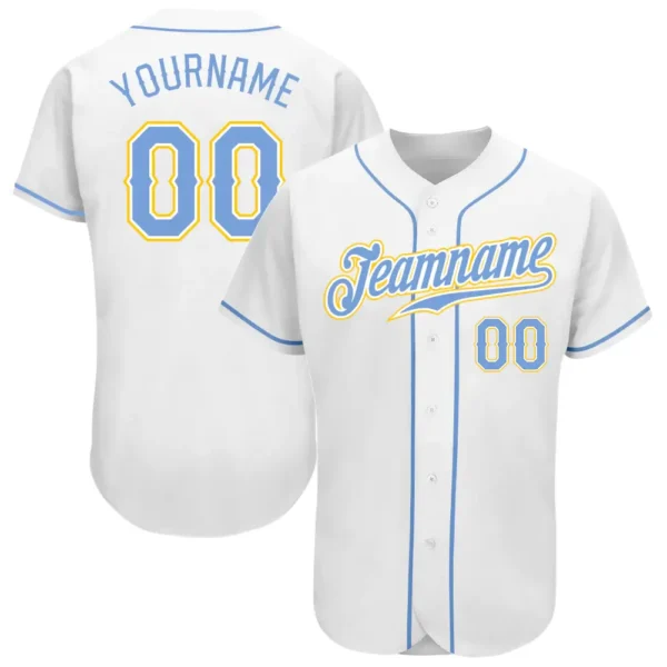 Custom White Baseball Jersey with Light Blue-Gold