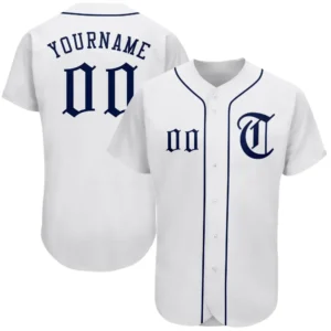 Custom White Baseball Jersey with Navy