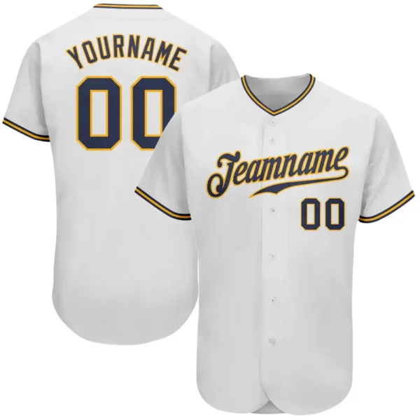 Custom White Baseball Jersey with Navy-Gold