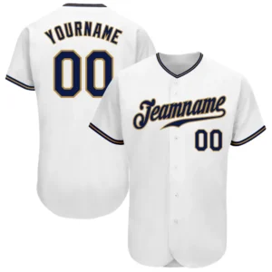 Custom White Baseball Jersey with Navy-Old Gold