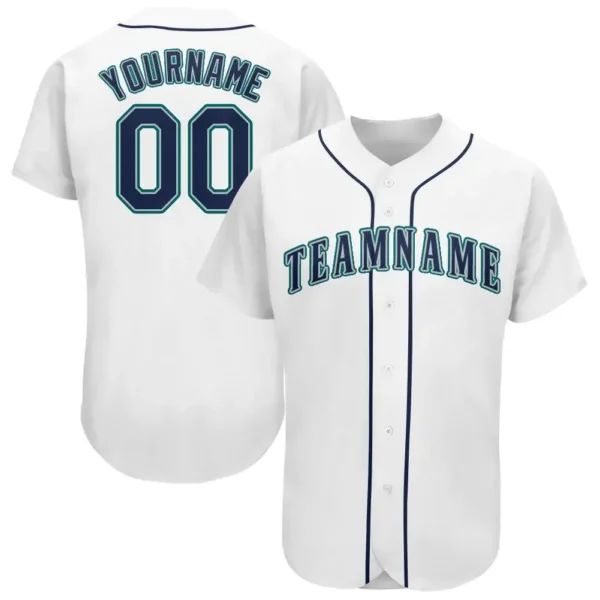 Custom White Baseball Jersey with Navy-Teal