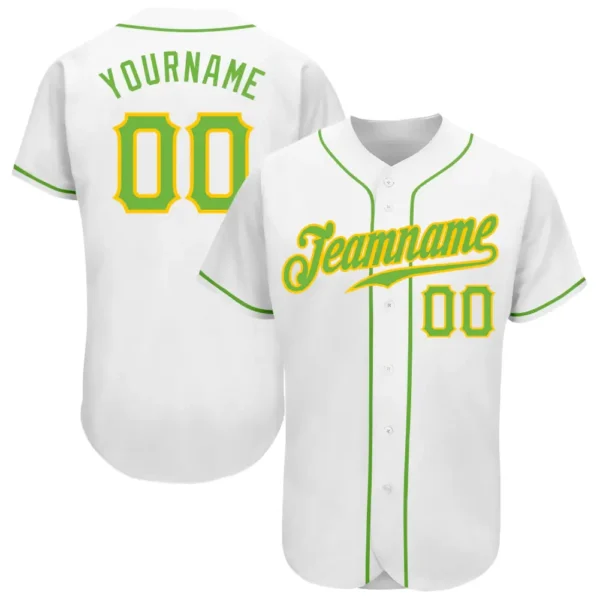 Custom White Baseball Jersey with Neon Green-Gold