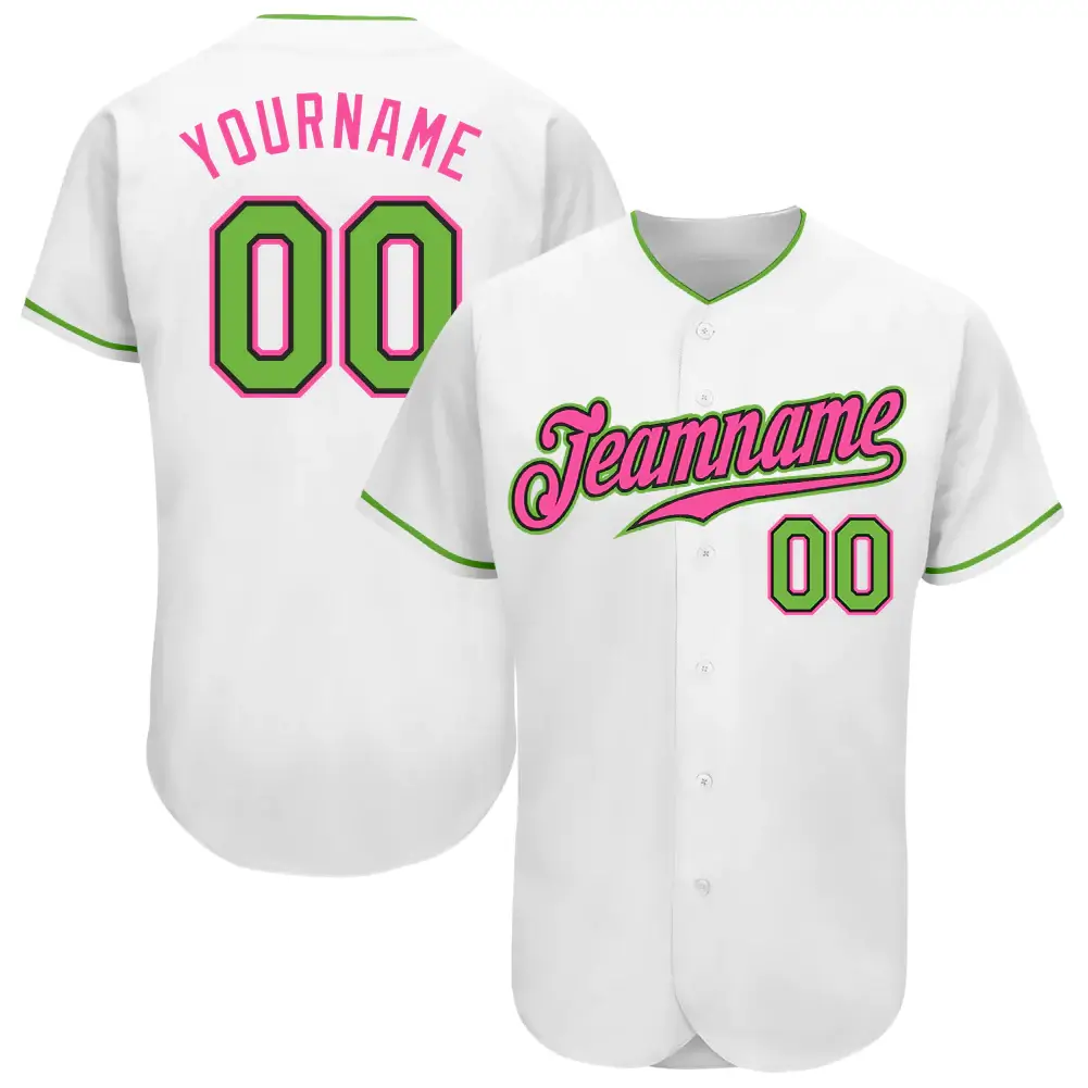 Custom White Baseball Jersey with Neon Green-Pink