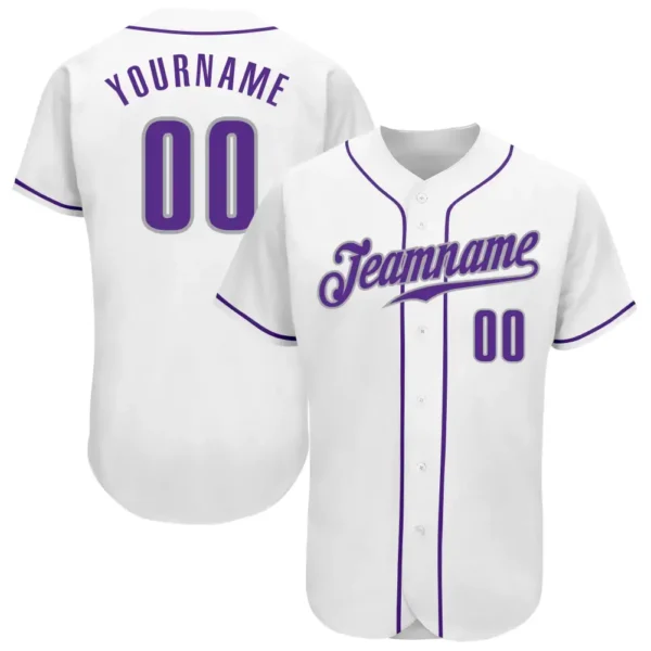Custom White Baseball Jersey with Purple-Gray