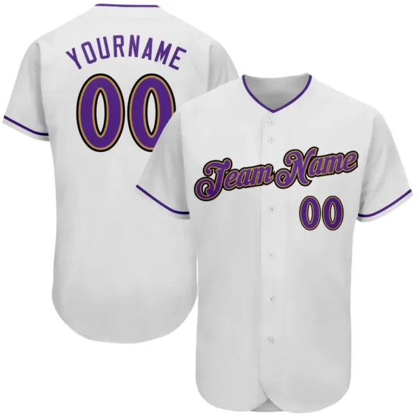 Custom White Baseball Jersey with Purple-Old Gold