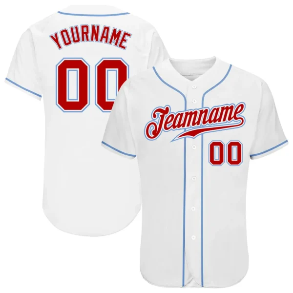 Custom White Baseball Jersey with Red-Light Blue