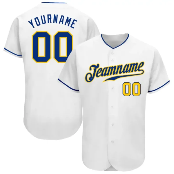 Custom White Baseball Jersey with Royal-Gold