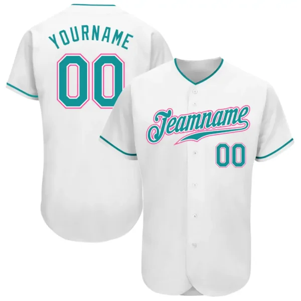 Custom White Baseball Jersey with Teal-Pink