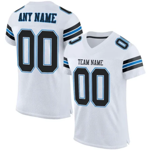 Custom White Mesh Football Jersey with Black-Panther Blue