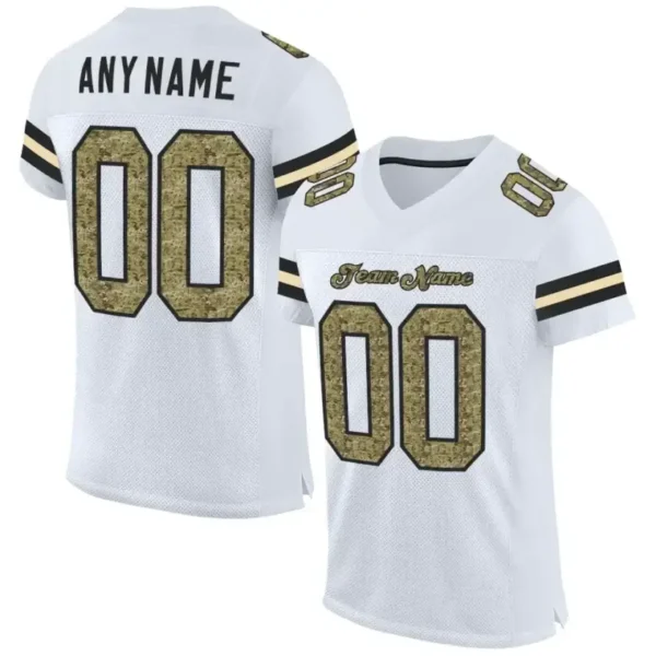 Custom White Mesh Football Jersey with Camo-Black