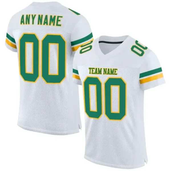 Custom White Mesh Football Jersey with Kelly Green-Gold